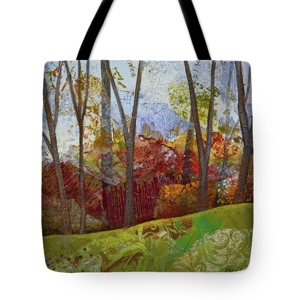 Autumn Fall Trees Tree Forest Season Seasons October Orange Rust Celadon Bark Silhouette Barren Patchwork Seasonal Warm Pumpkin Cool Yellow Tote Bag featuring the painting Fall Colors II by Shadia Derbyshire