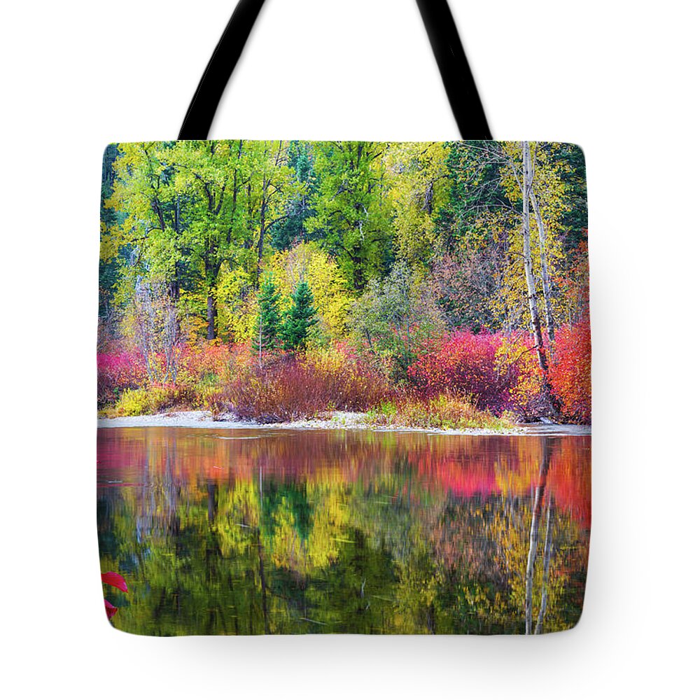 Outdoor; Fall; Colors; Autumn; River; Reflection; Nason Creek; Cascade; Central Cascade; Washington Beauty; Pacific North West; Washington; Washington State Tote Bag featuring the digital art Fall colors in central Cascade by Michael Lee