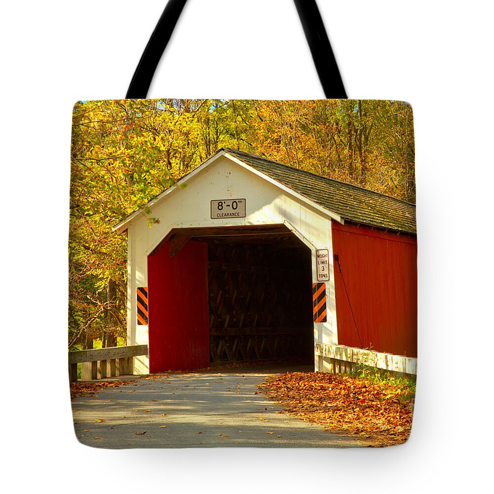 Eagleville Covered Bridge Tote Bag featuring the photograph Fall Foliage At The Eagleville Covered Bridge by Adam Jewell