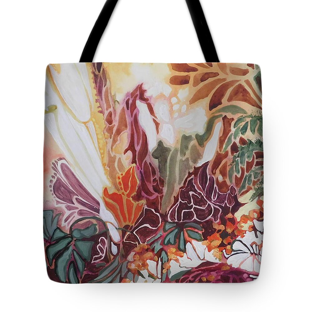I Used Unusual Shapes And Vibrant Fall Colors To Create The Feeling Of Autumn In This Circular Painting Which Represents The Blaze Of Color As Summer Ends And The Landscape Is About To Give Way To The Drab Grays Of Winter.  Tote Bag featuring the painting Fall Frolic by Joan Clear