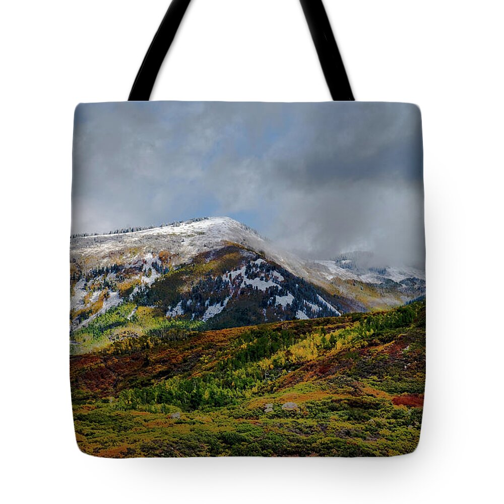Aspens Tote Bag featuring the photograph Fall Snow Storm by Johnny Boyd