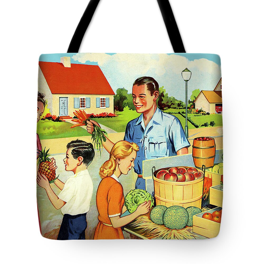 Boy Tote Bag featuring the drawing Family Buying Fruits and Vegetables by CSA Images