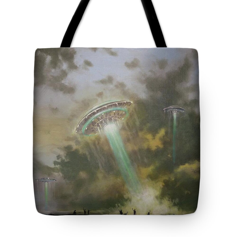 Ufo Tote Bag featuring the painting Farewell to the Visitors by Tom Shropshire