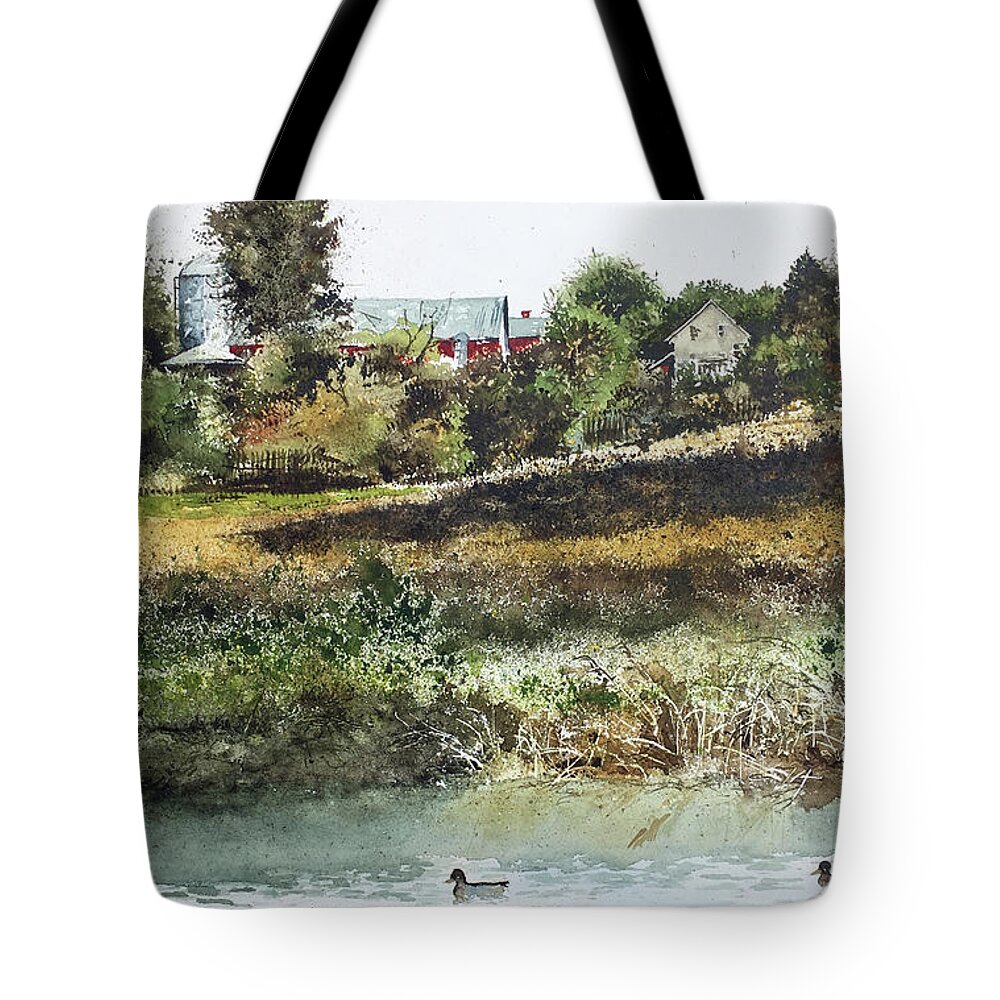 Two Ducks Swim In A Farm Pond Near Lancaster Tote Bag featuring the painting Farm Pond by Monte Toon