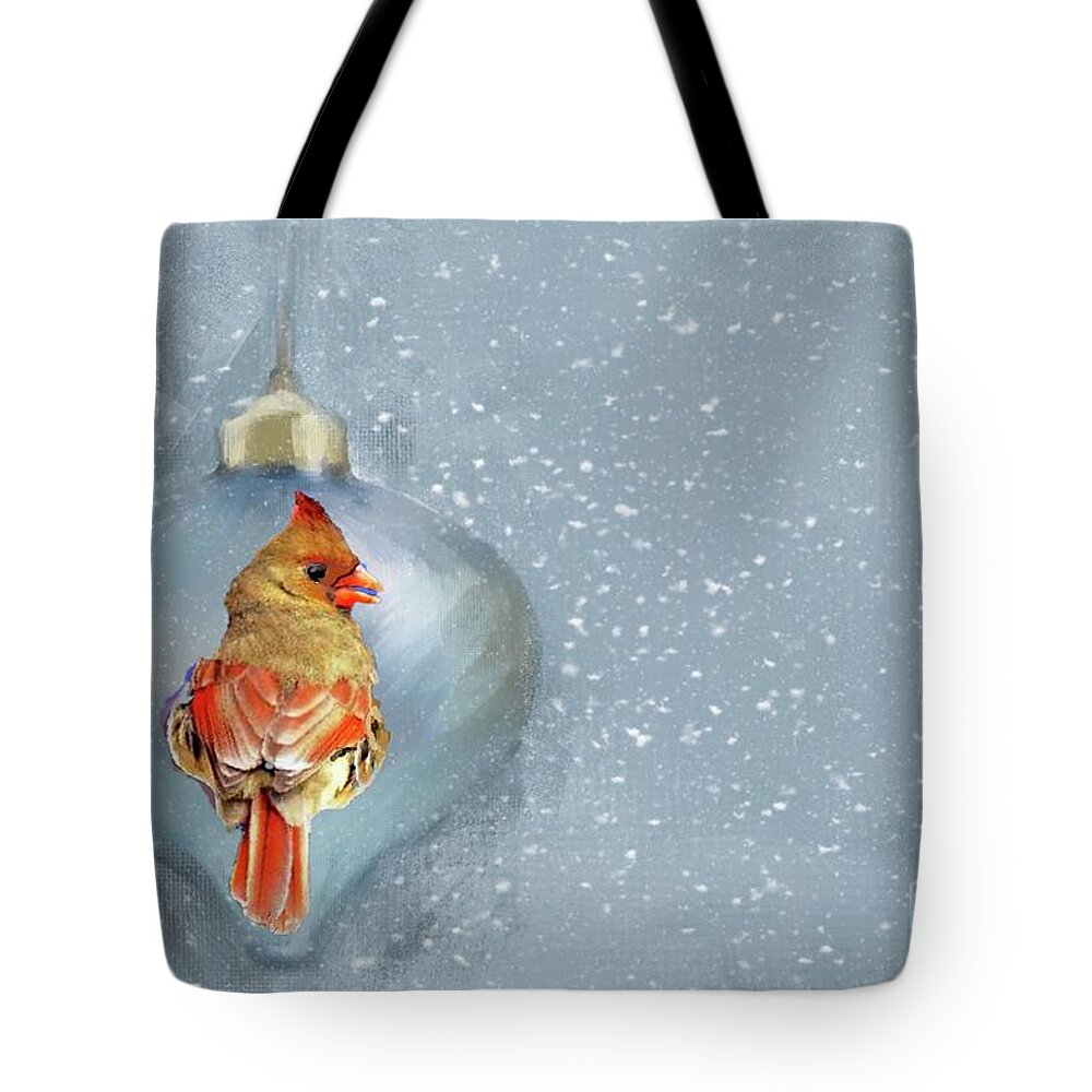 Female Northern Cardinal Christmas Ornament Snow Reflection Tote Bag featuring the photograph Female Cardinal at Christmas by Janette Boyd