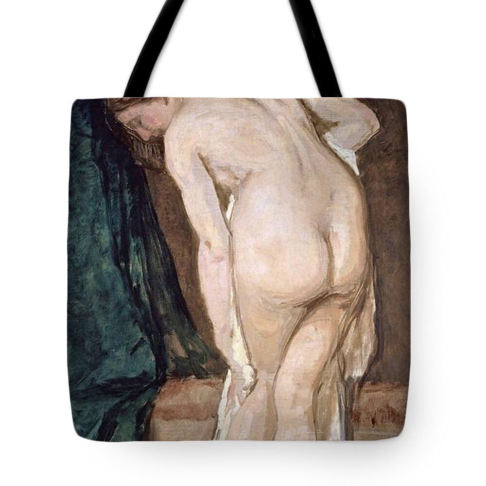 Eduardo Rosales Tote Bag featuring the painting 'Female Nude -after bathing-', ca. 1869, Spanish School, Oil on canvas, 185 cm x 90 cm, P04616. by Eduardo Rosales -1836-1873-