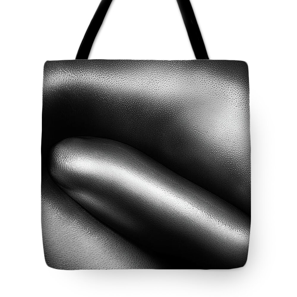 Woman Tote Bag featuring the photograph Female nude silver oil close-up 3 by Johan Swanepoel
