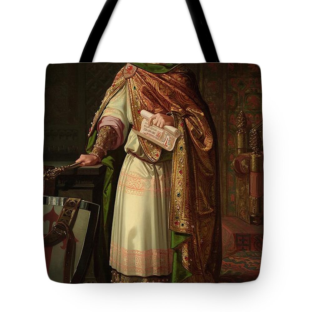Ferdinand Ii Tote Bag featuring the painting 'Ferdinand II', 1851, Spanish School, Canvas, 224 cm x 140 cm, P06090. by Isidoro Lozano -19th cent -