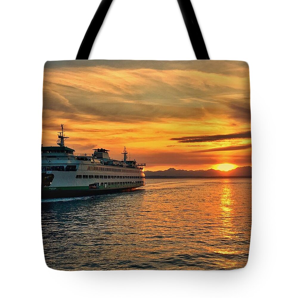 Ferry Tote Bag featuring the photograph Ferry at Sunset by Jerry Abbott