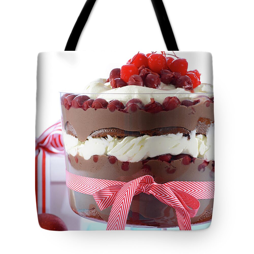Anniversary Tote Bag featuring the photograph Festive Black Forest Trifle Dessert by Milleflore Images