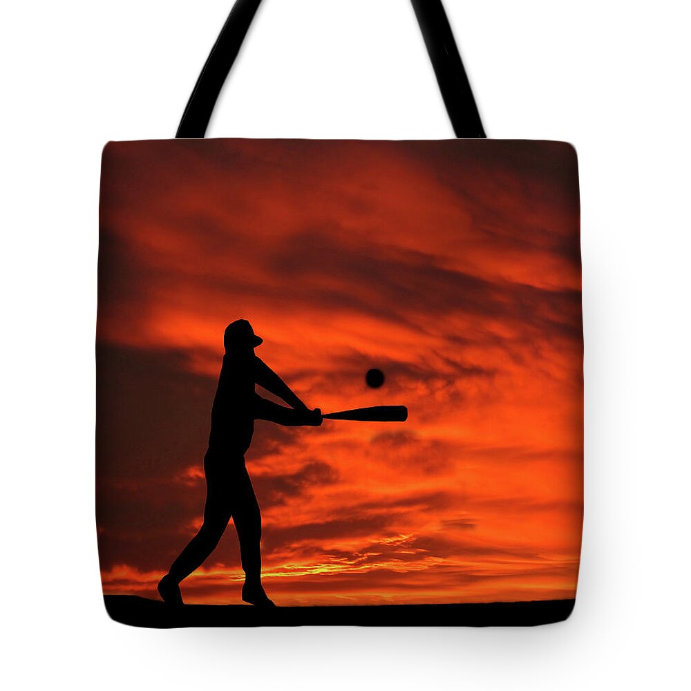 Field Tote Bag featuring the mixed media Field Of Dreams baseball sports Sunset Silhouette Series  by David Dehner