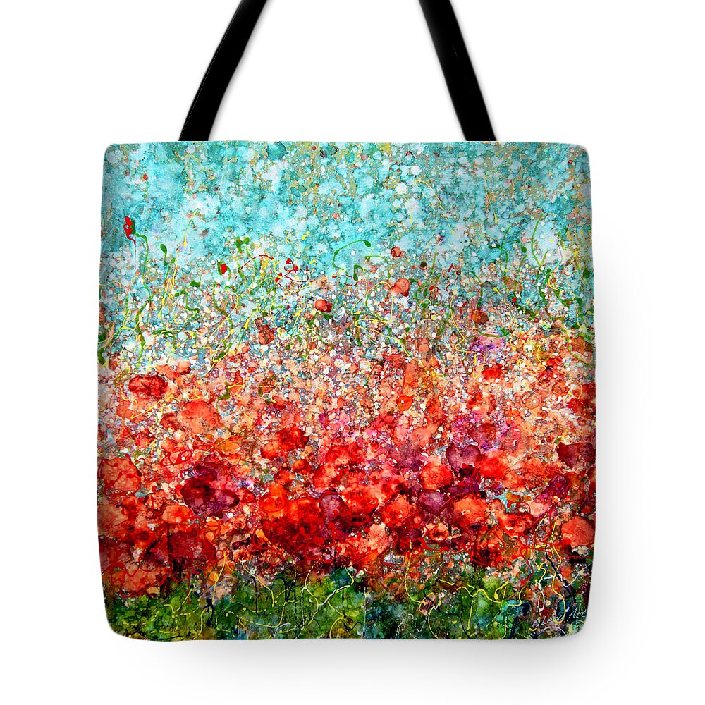Art Tote Bag featuring the painting Field of Spring Abstract Poppies by Lena Owens - OLena Art Vibrant Palette Knife and Graphic Design