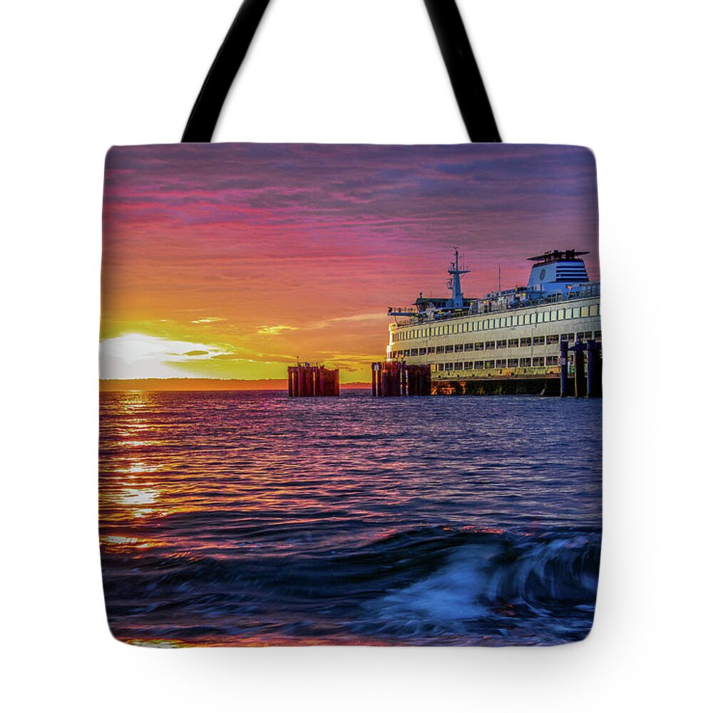 Edmonds Beach Tote Bag featuring the photograph Fiery Sunset at the Beach by Emerita Wheeling