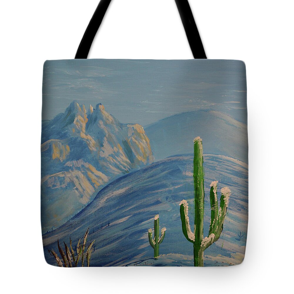 Finger Tote Bag featuring the painting Finger Rock Trail Snow, Tucson, Arizona by Chance Kafka
