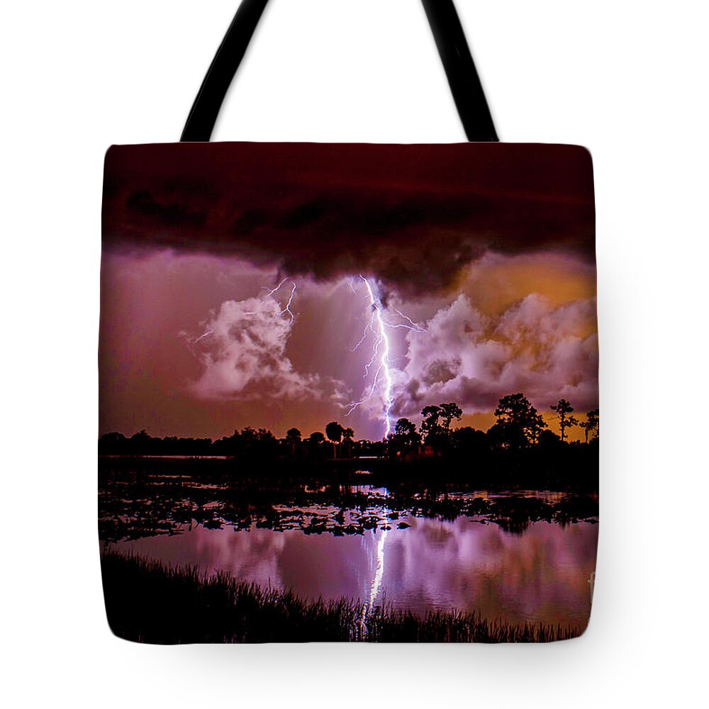 Lightning Tote Bag featuring the photograph Fire in the Sky by Quinn Sedam
