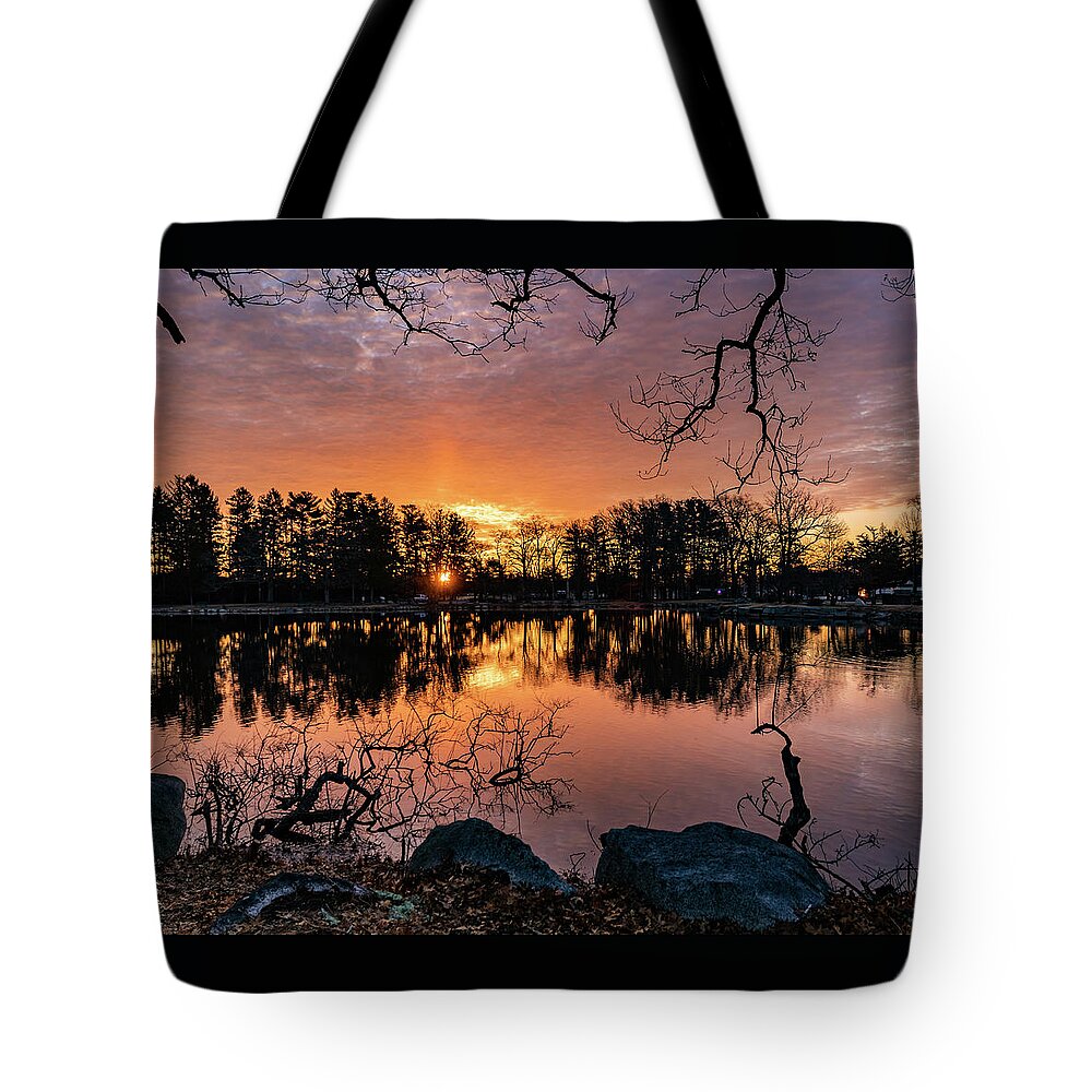 Red Morning Tote Bag featuring the photograph Fire on the Water by William Bretton