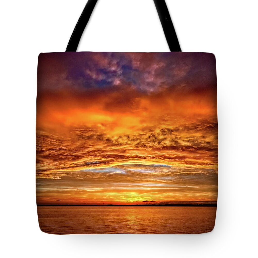 Sunset Tote Bag featuring the photograph Fire Over Lake Eustis by Christopher Holmes