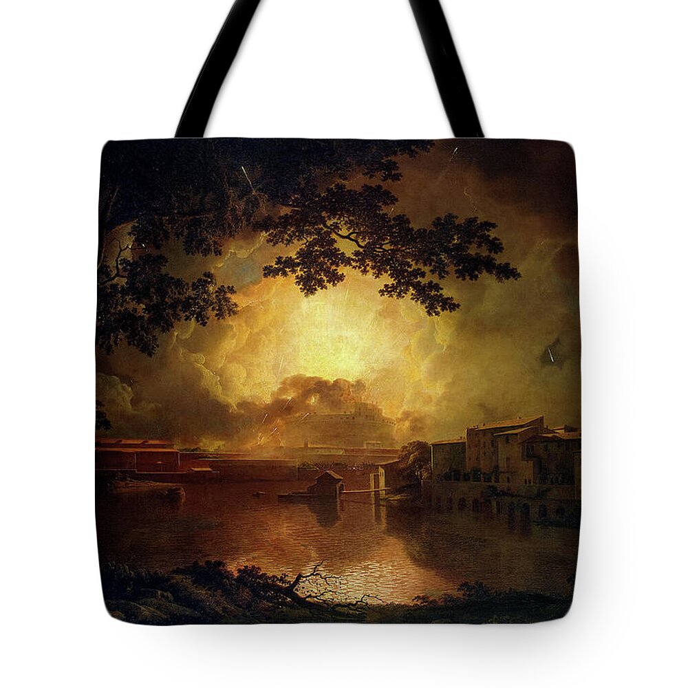 Castel Sant' Angelo Tote Bag featuring the painting Firework Display at the Castel Sant Angelo in Rome by Joseph Wright by Rolando Burbon