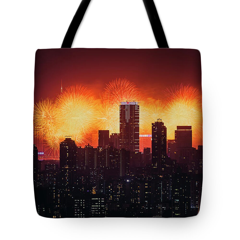 Firework Display Tote Bag featuring the photograph Firework Over City Skyline At Night by D3sign