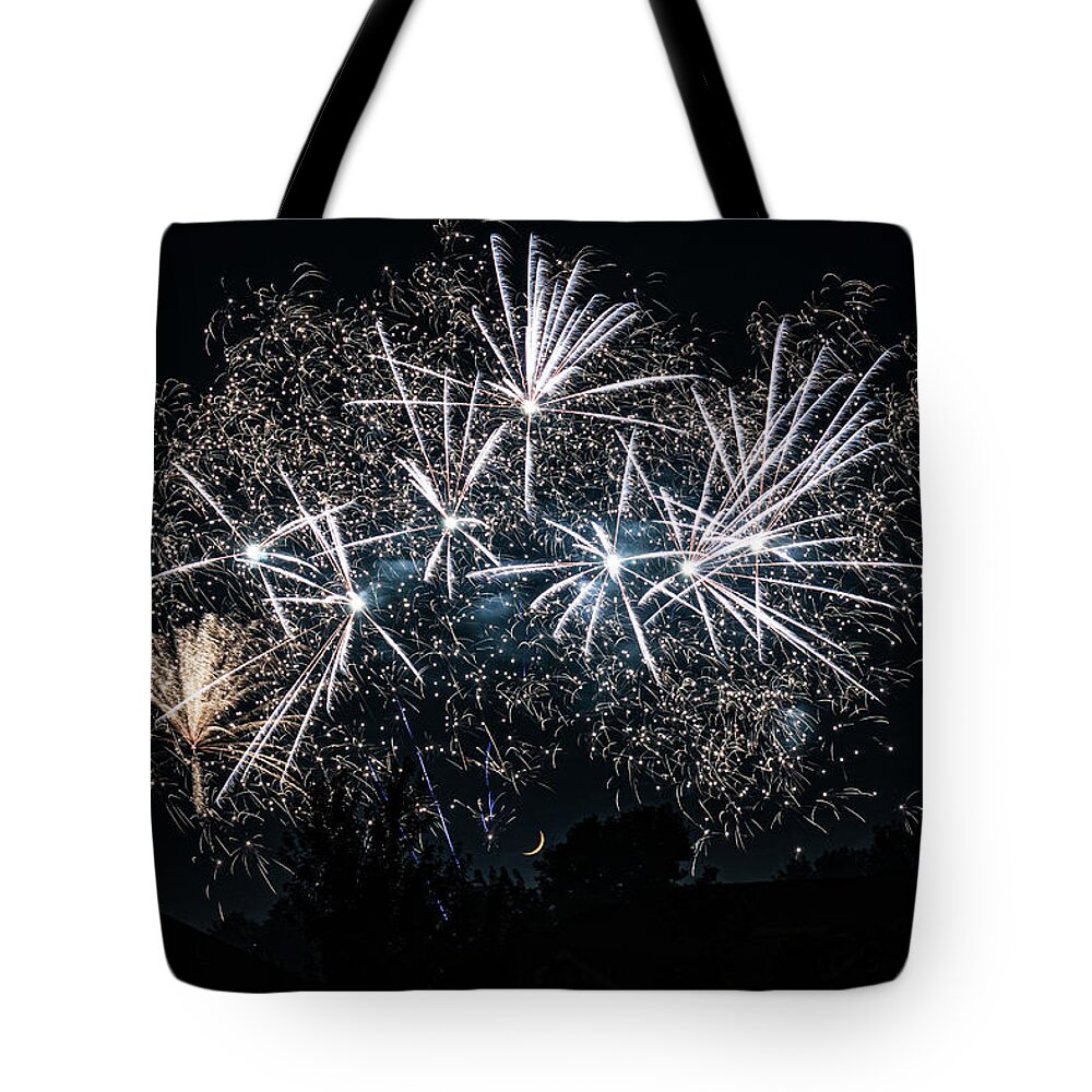 Fireworks Tote Bag featuring the photograph Fireworks and Moon 2 by Allin Sorenson