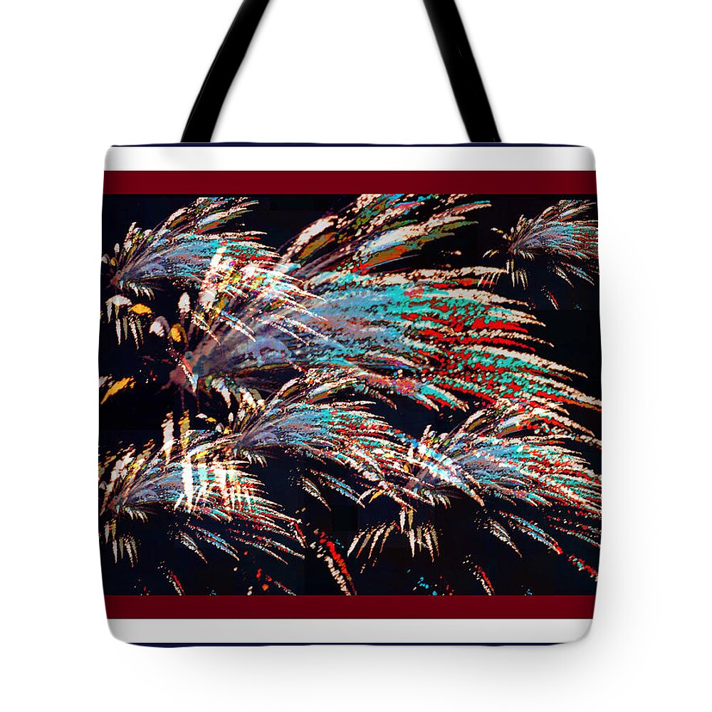 Patriotic Tote Bag featuring the photograph Fireworks Over Mt. Olivet Abstract w/Trim by Mike McBrayer