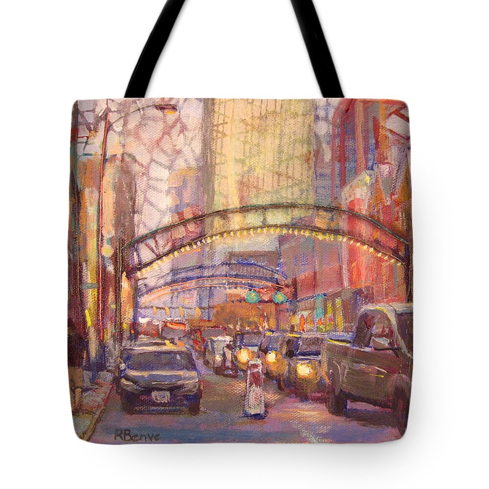Festive Tote Bag featuring the painting First Lights of the Evening in the Short North by Robie Benve