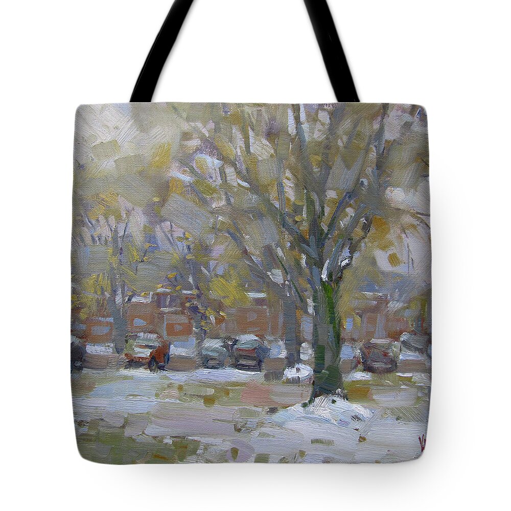 Snowfall Tote Bag featuring the painting First Snowfall November 2018 by Ylli Haruni