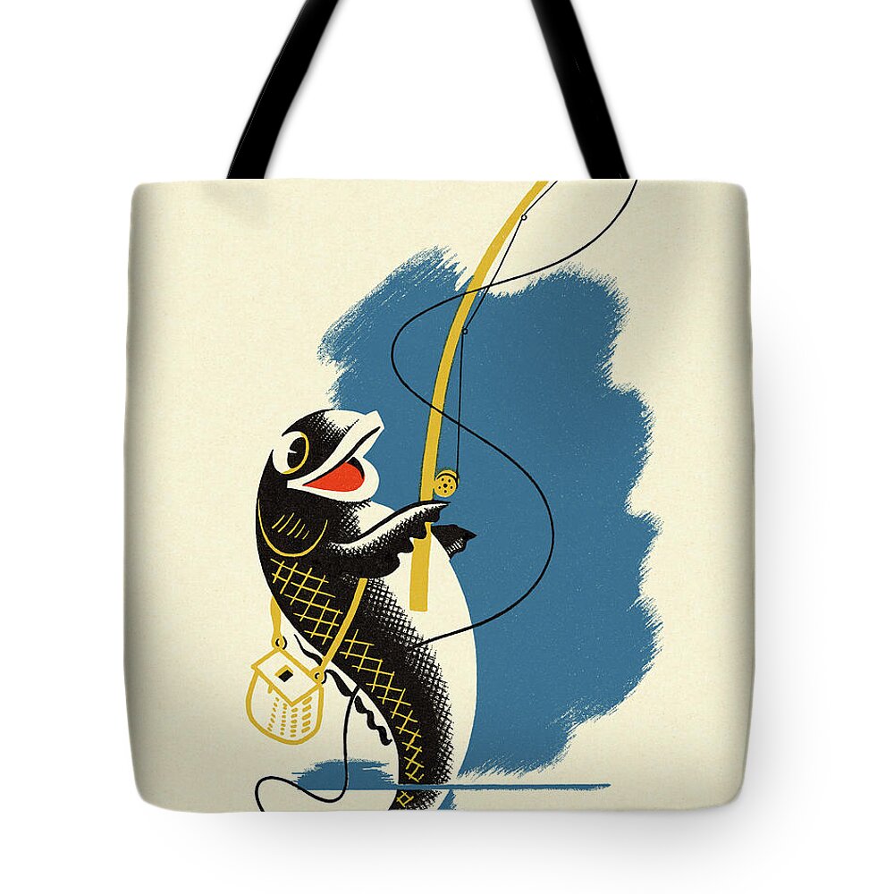 Fish Holding a Fishing Pole Tote Bag