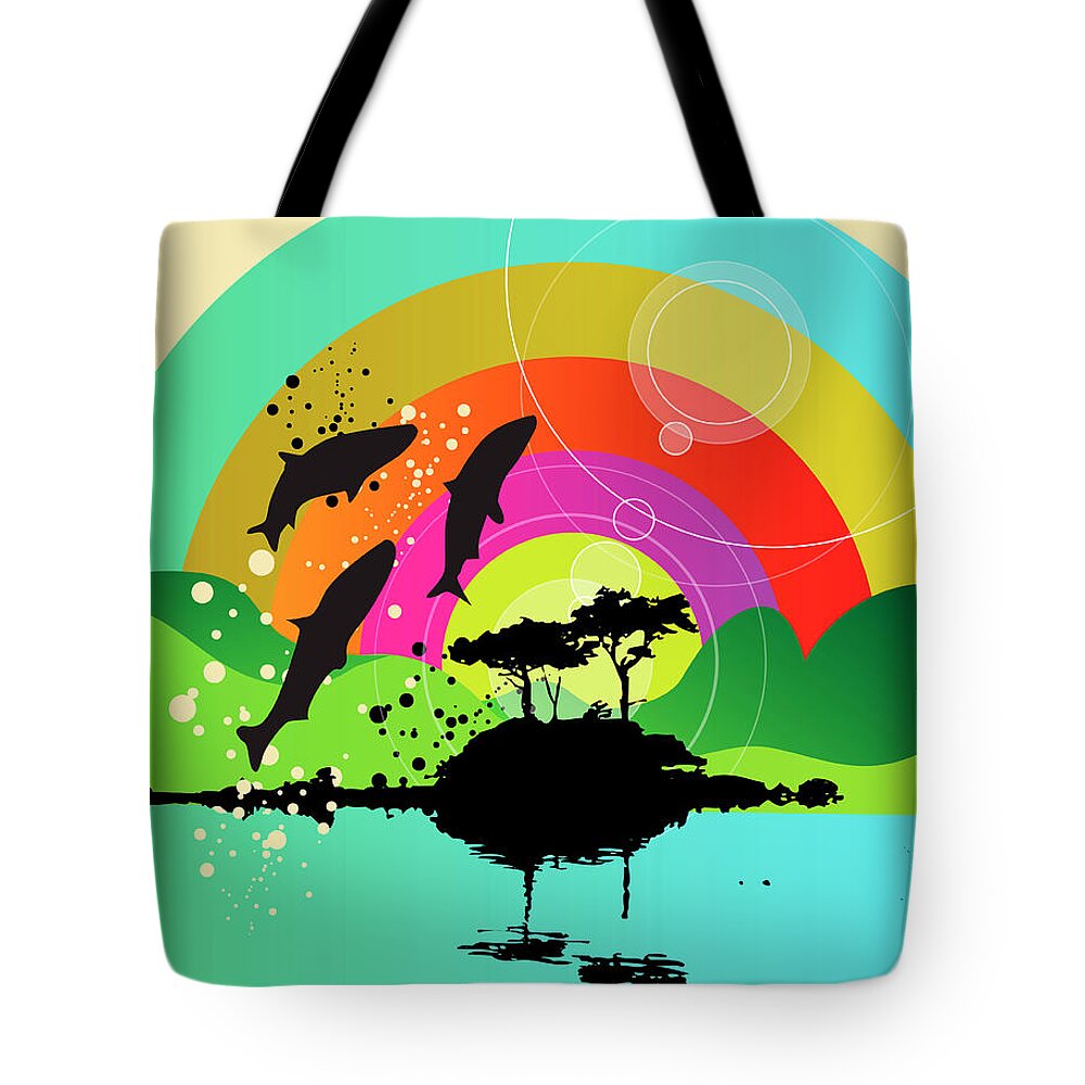 Fairy Tale Tote Bag featuring the digital art Fish Jumping Out Of Lake With Rainbow by New Vision Technologies Inc