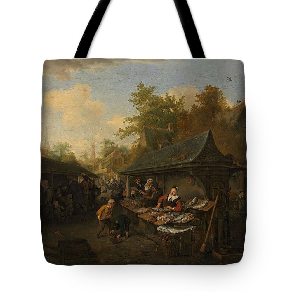 Canvas Tote Bag featuring the painting Fish Market. by Cornelis Dusart
