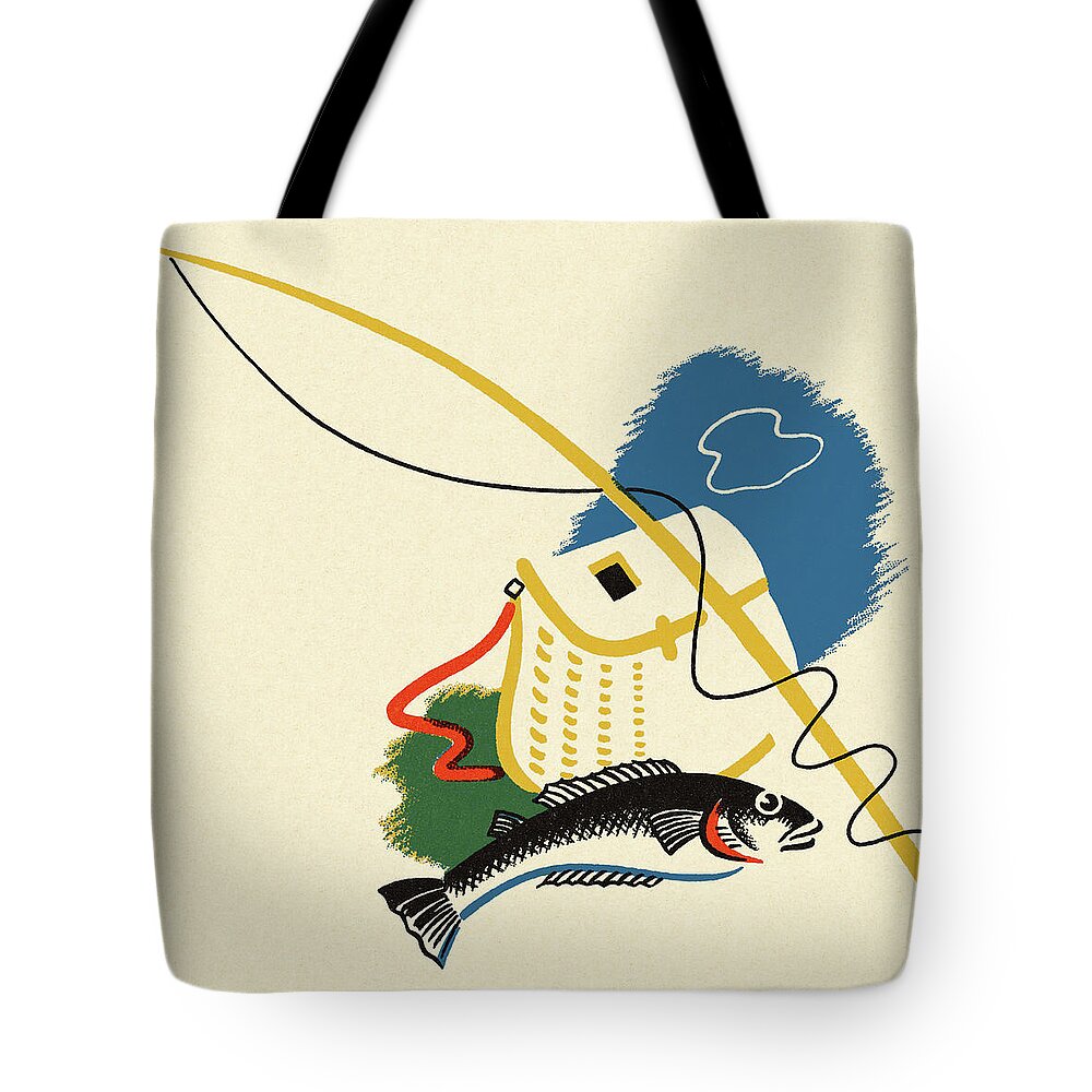 Fish Next to a Fishing Pole and Creel Tote Bag by CSA Images