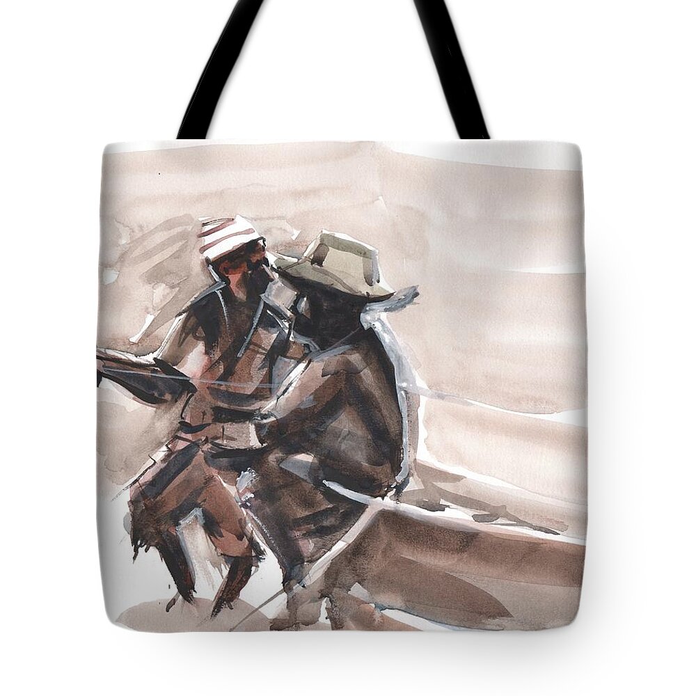  Tote Bag featuring the painting Fishermen Prelim Sepia Sketch by Gaston McKenzie