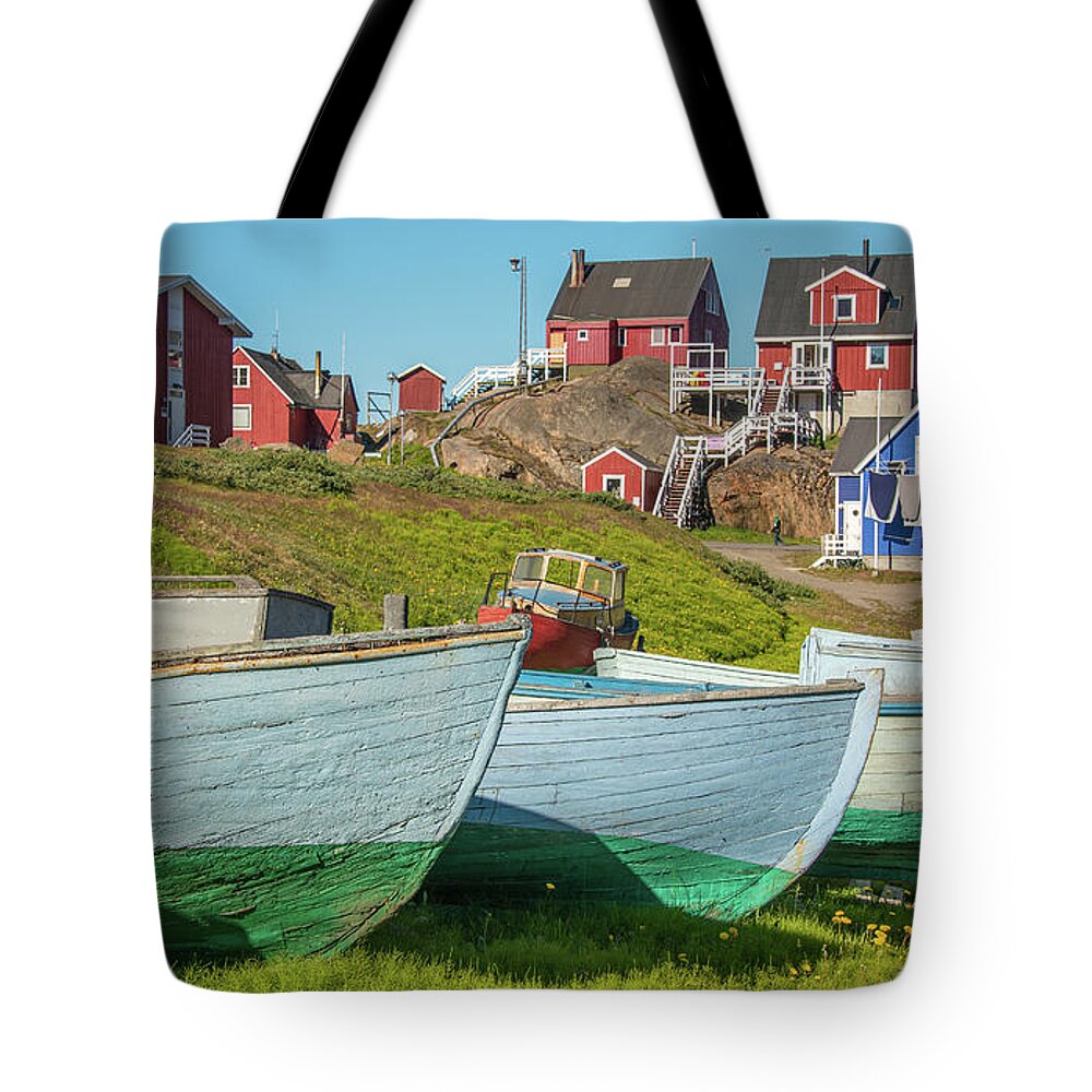 Arctic Tote Bag featuring the photograph Greenland Fishing Boats by Minnie Gallman