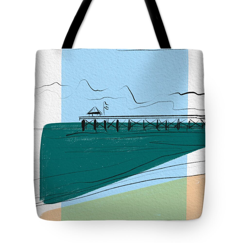 Beach Tote Bag featuring the digital art Fishing Pier At Oak Island by Michael Kallstrom