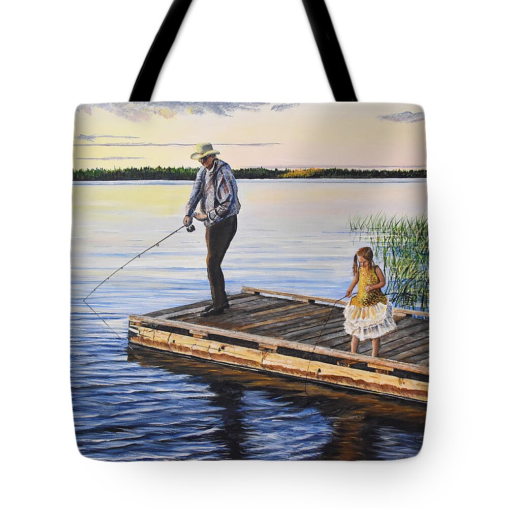 Fishing Tote Bag featuring the painting Fishing With A Ballerina by Marilyn McNish