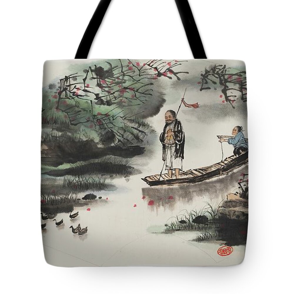 Chinese Watercolor Tote Bag featuring the painting Shepherding the Flock of Ducks Home at Days End by Jenny Sanders