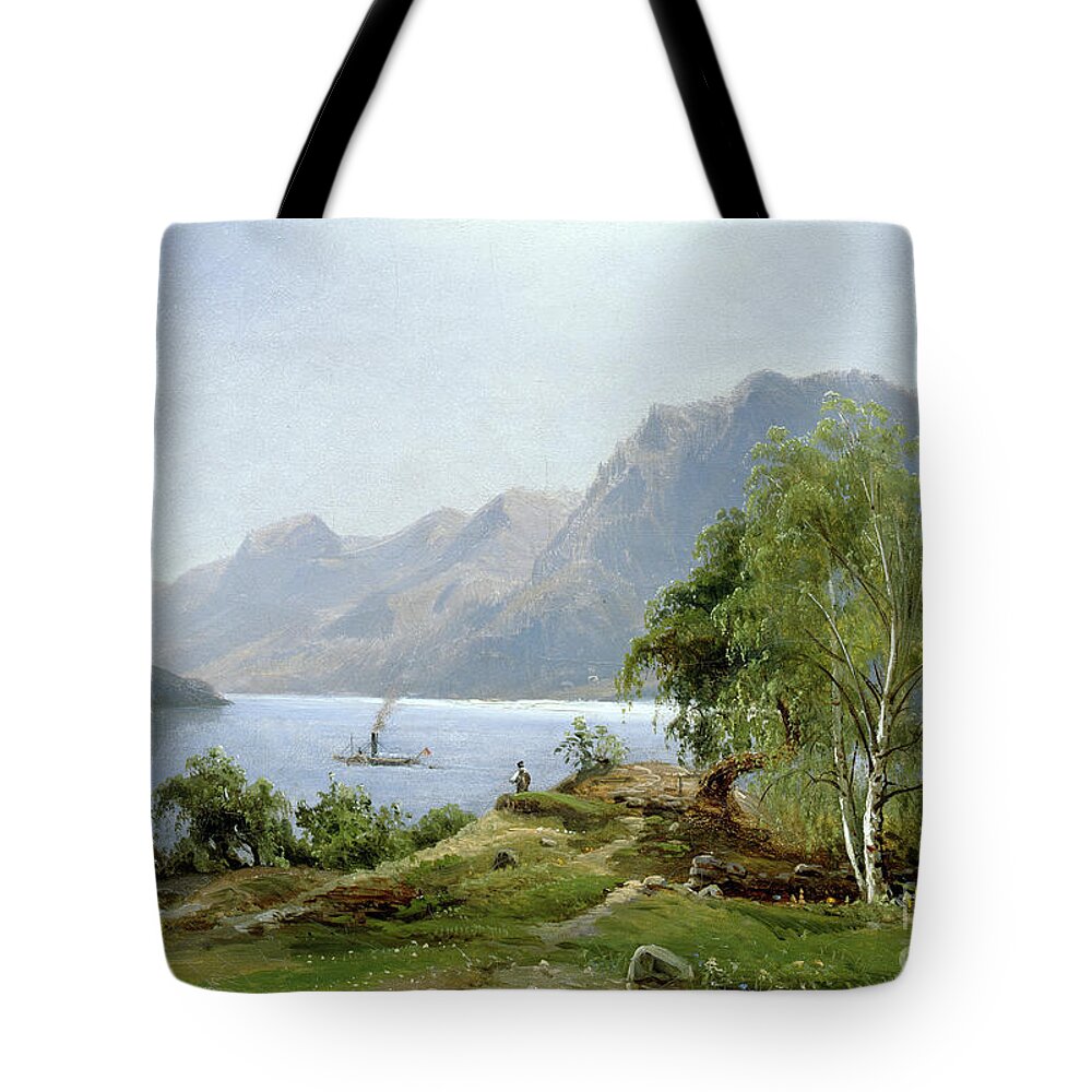 Magnus Bagge Tote Bag featuring the painting Fjord landscape with paddle steamer by O Vaering