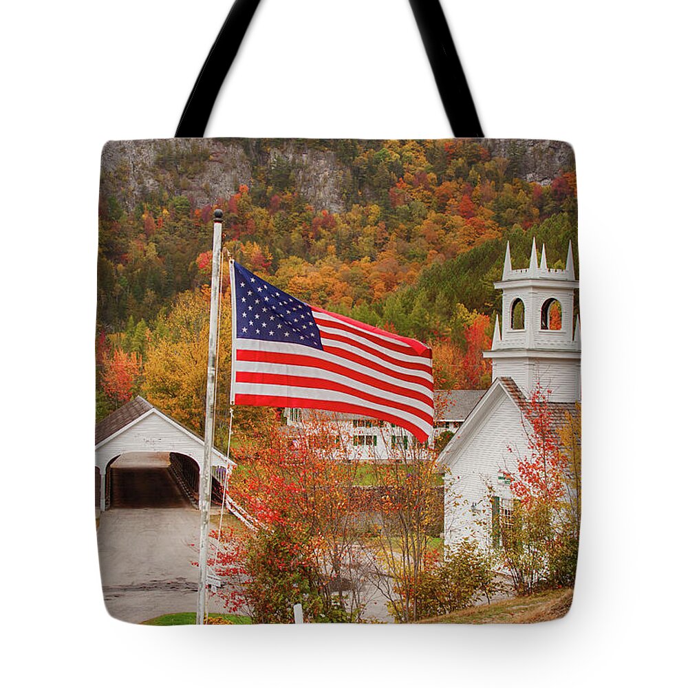 Autumn Tote Bag featuring the photograph Flag flying over the Stark covered Bridge by Jeff Folger