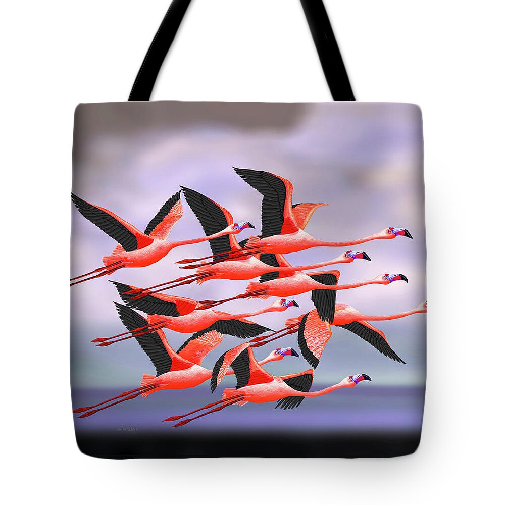 Flamingos Tote Bag featuring the painting Flamingos in Flight by David Arrigoni