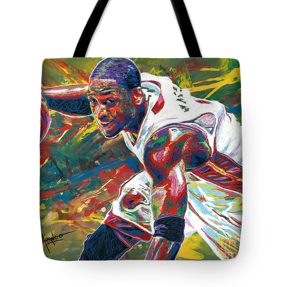 Dwyane Wade Tote Bag featuring the painting Flash by Maria Arango