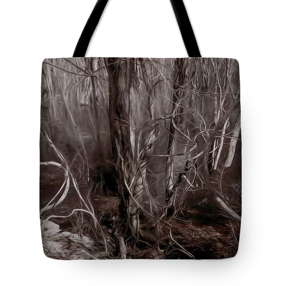 Trees Tote Bag featuring the photograph Floodplain Forest Vines in Sepia by Wayne King