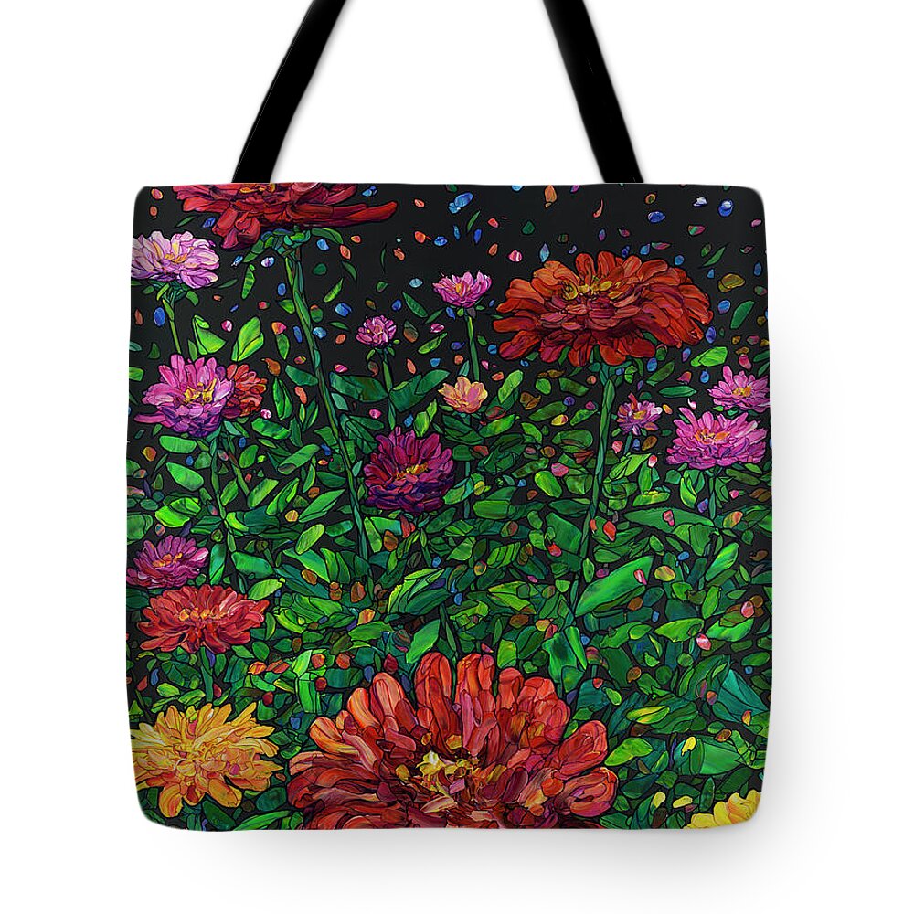 Flowers Tote Bag featuring the painting Floral Interpretation - Zinnias by James W Johnson