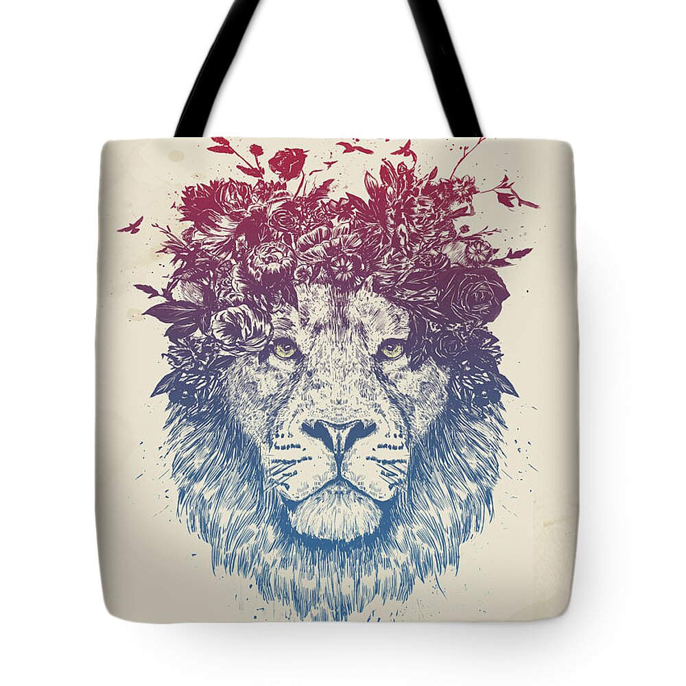 Lion Tote Bag featuring the drawing Floral lion III by Balazs Solti