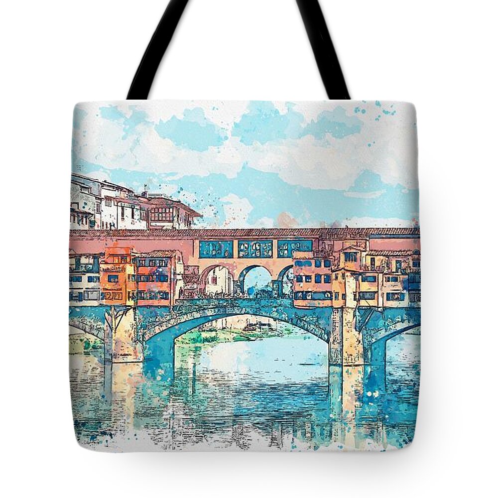 Nature Tote Bag featuring the painting Florence or Firenze, a view of the Arno River and the Ponte Vecchio Bridge, watercolor by Adam Asar by Celestial Images