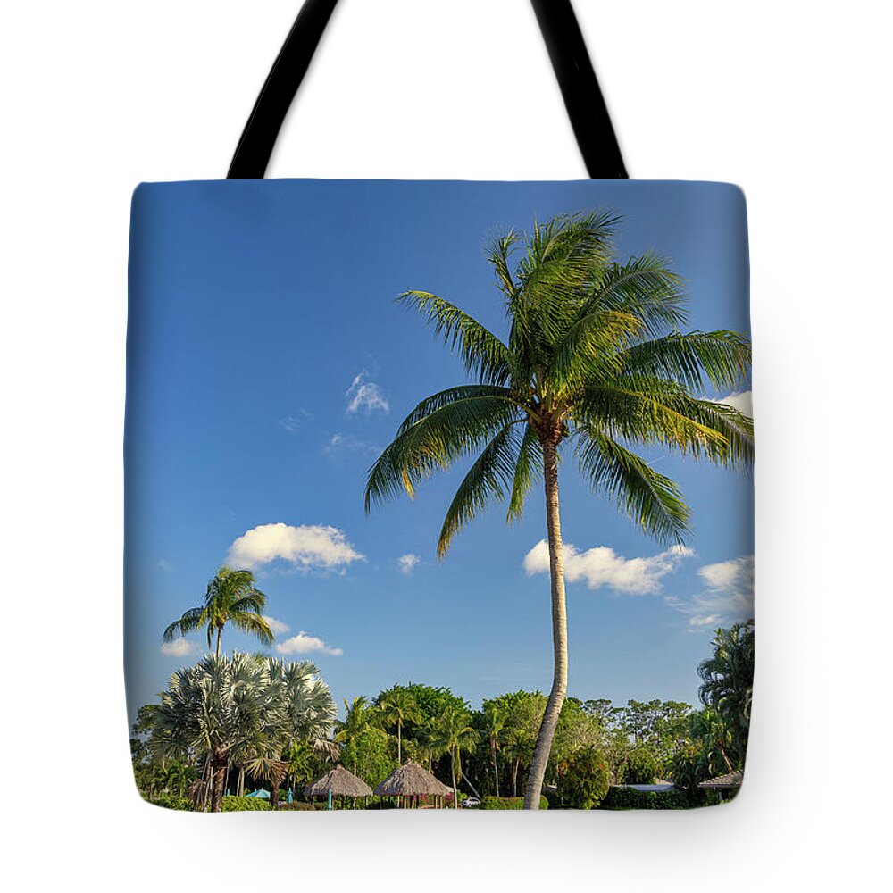 Estock Tote Bag featuring the digital art Florida, Boca Raton, Huts With Tropical Palm Tree by Laura Diez
