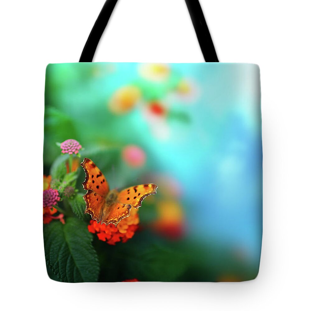 Flowerbed Tote Bag featuring the photograph Flower Background With Butterfly by O-che