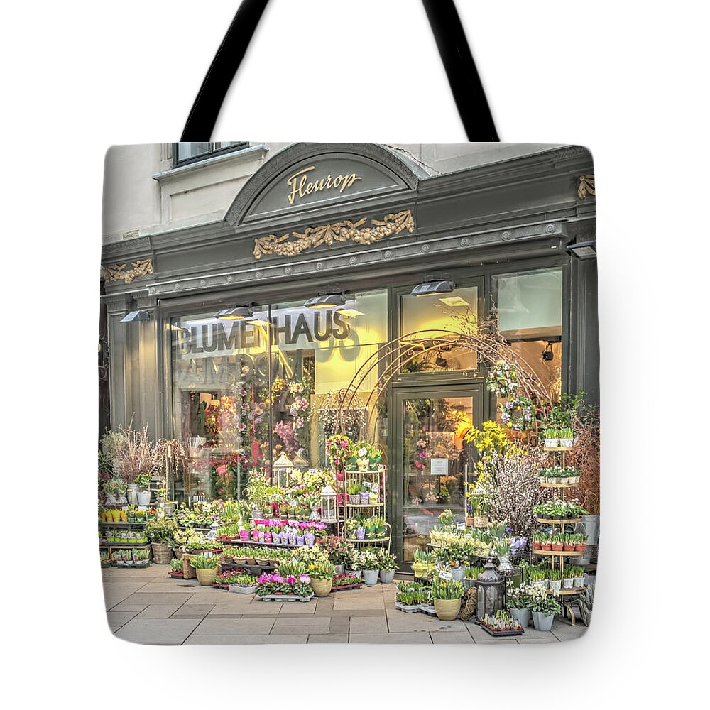 Tourism Tote Bag featuring the photograph Flower Shop in Austria by Laura Hedien