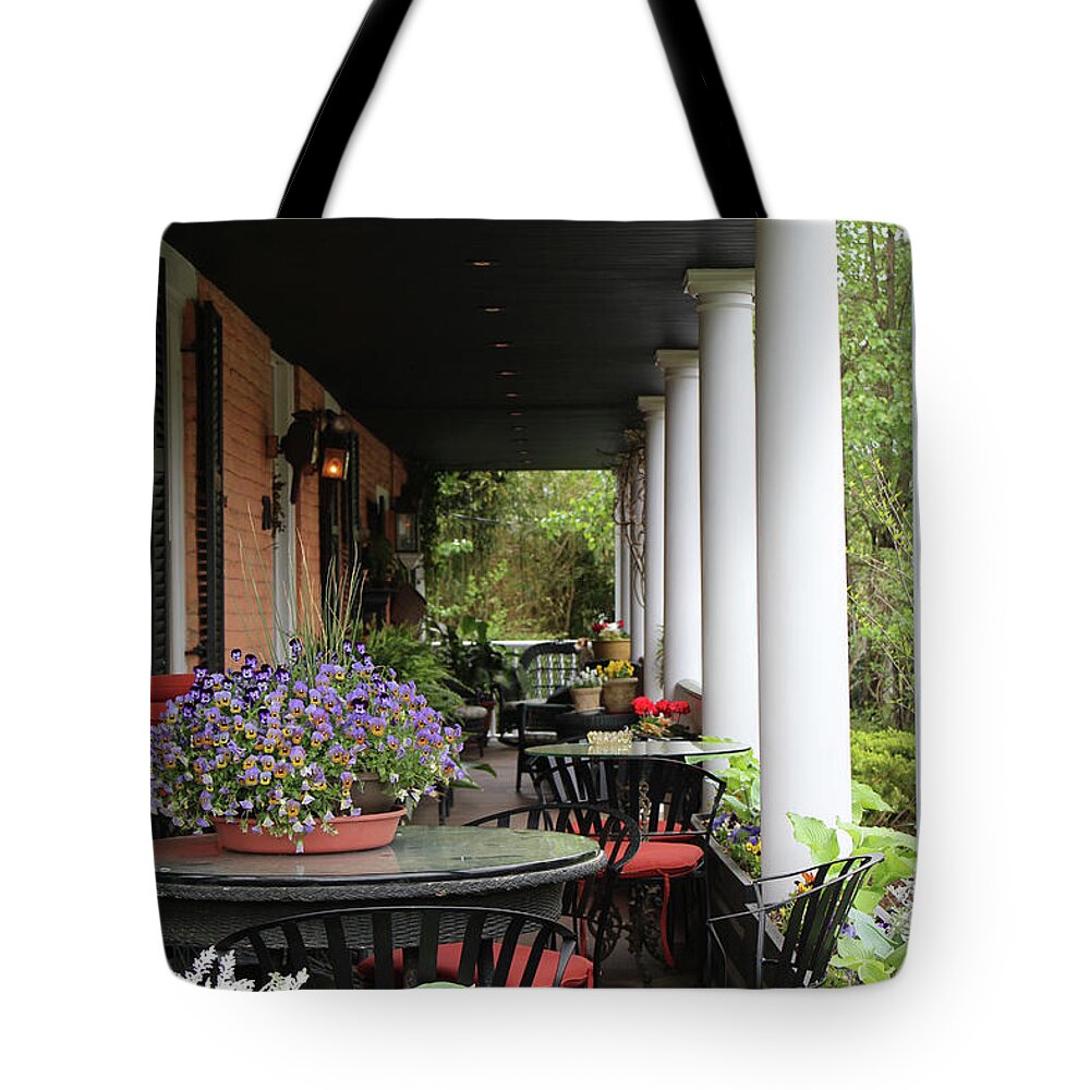 Rob Tote Bag featuring the photograph Flowers on the Porch by Robert M Seel