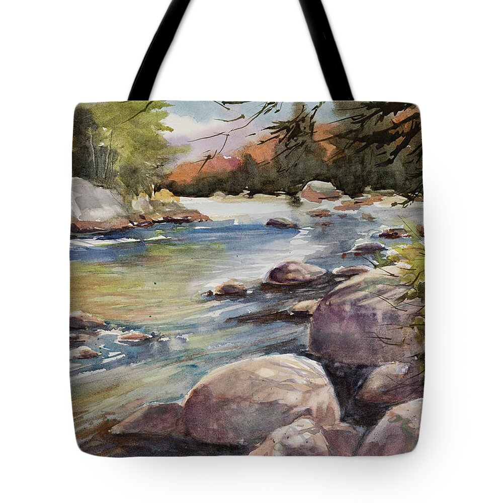 Watercolor Tote Bag featuring the painting Flowing Moose by Judith Levins