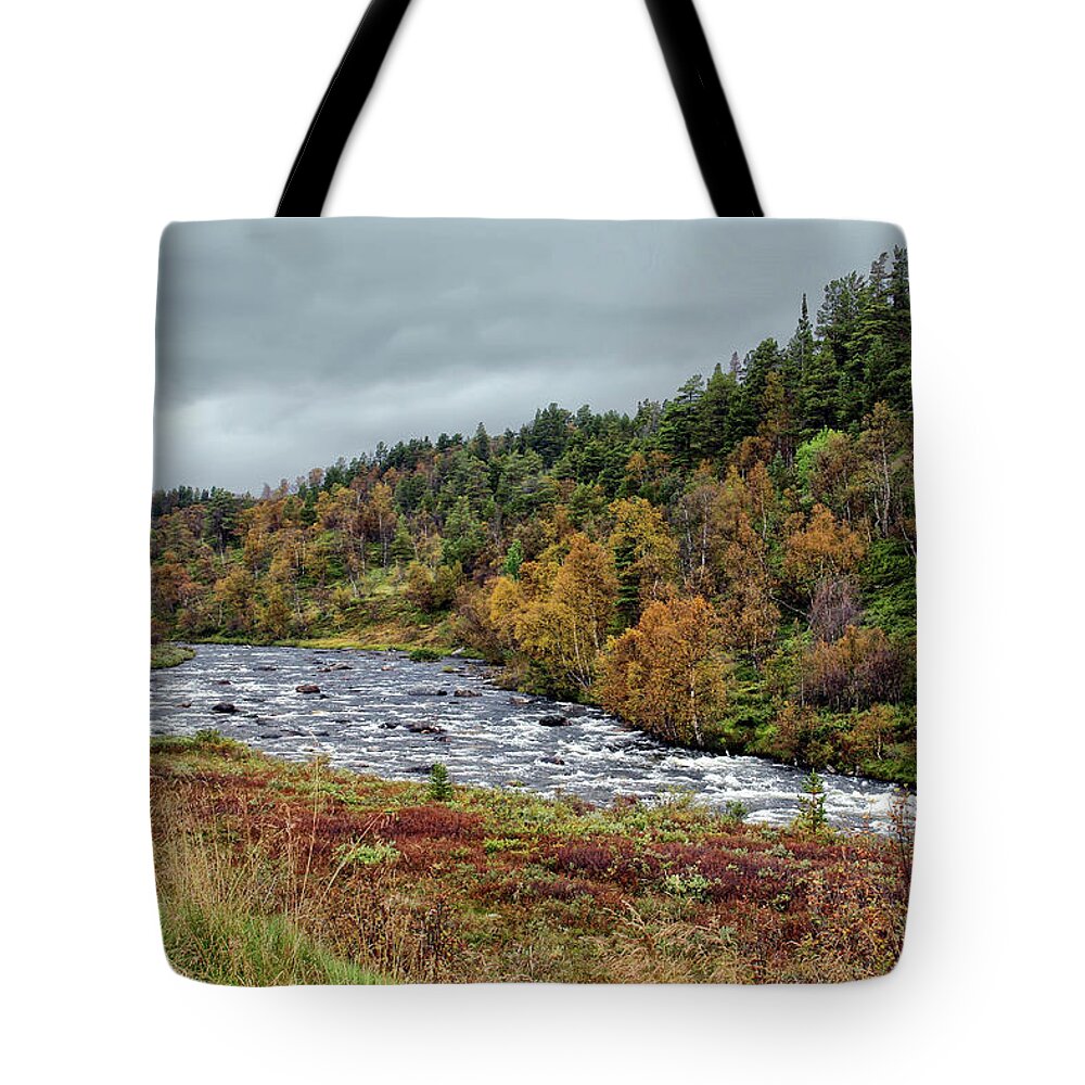 Scenics Tote Bag featuring the photograph Flowing Through Autumn by Larigan - Patricia Hamilton